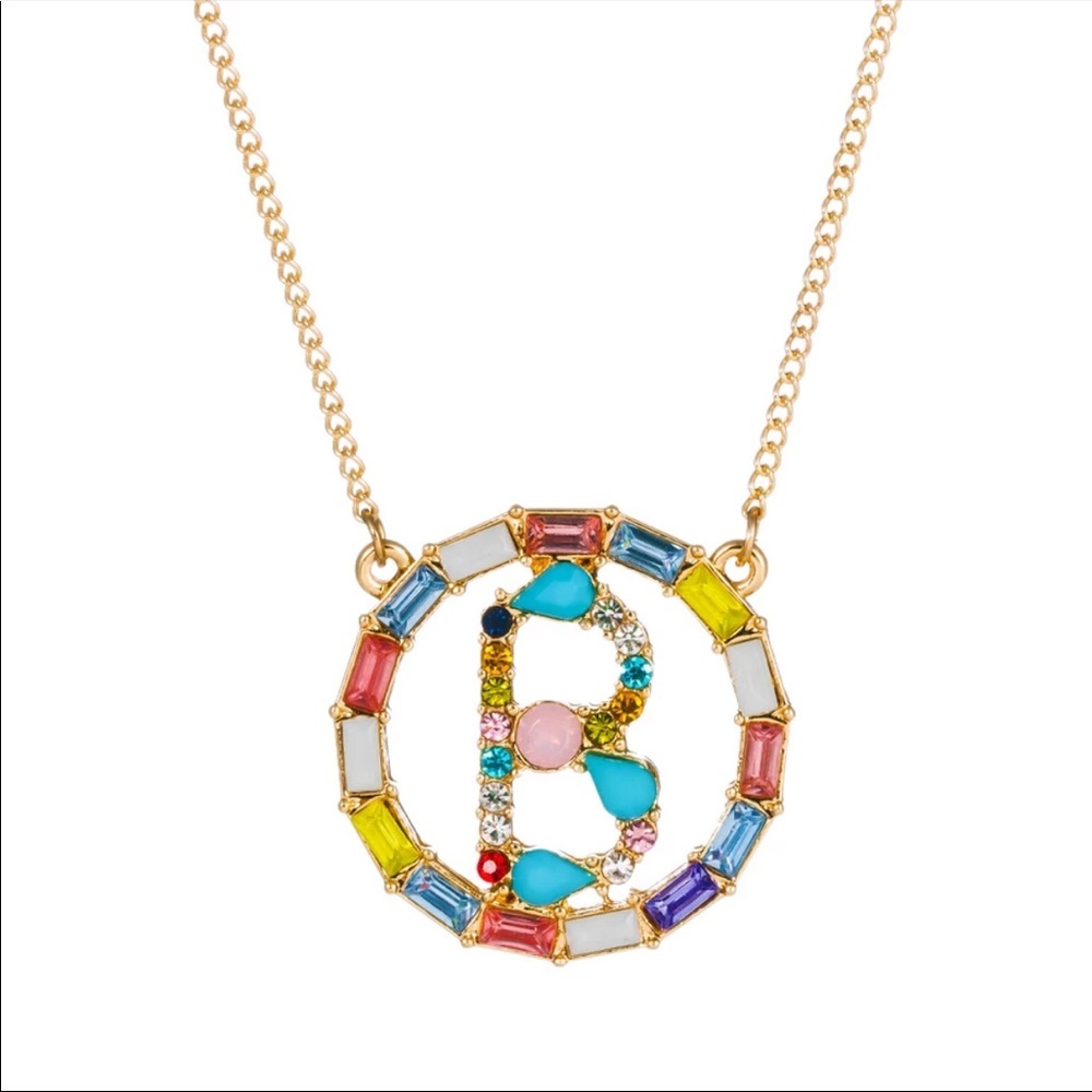 Round Circle Large Gold Initial Letter Necklace Charm Crystal Link B